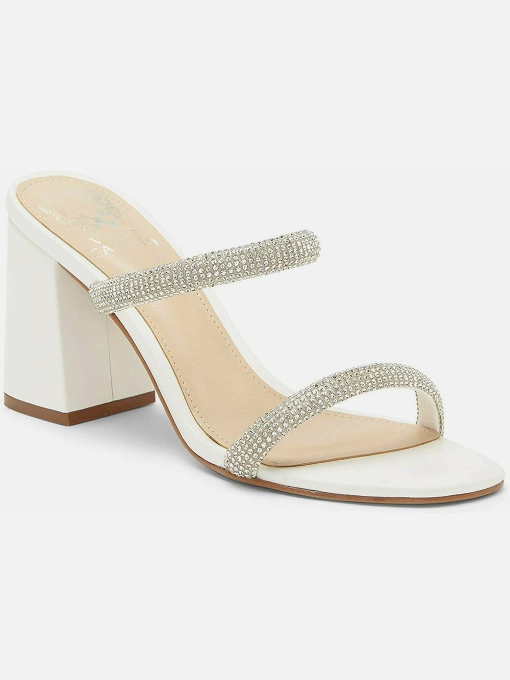 Vince Camuto White Crystal-Strap Block Heel Sandals